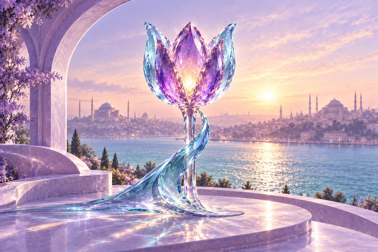İstanbul ve Boğaz manzaralı lavanta bir terasta, gün doğumunda ışıldayan kristal lale
