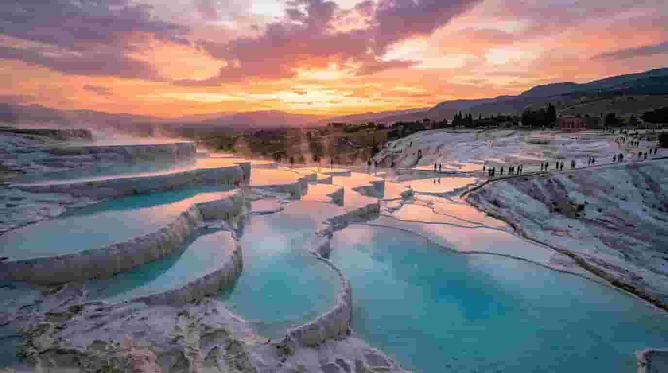 Gün batımında turkuaz termal suyla dolu bembeyaz Pamukkale travertenleri, havuzlara yansıyan pembe-turuncu gökyüzü, usulca yükselen buhar, geniş açı manzara fotoğrafı