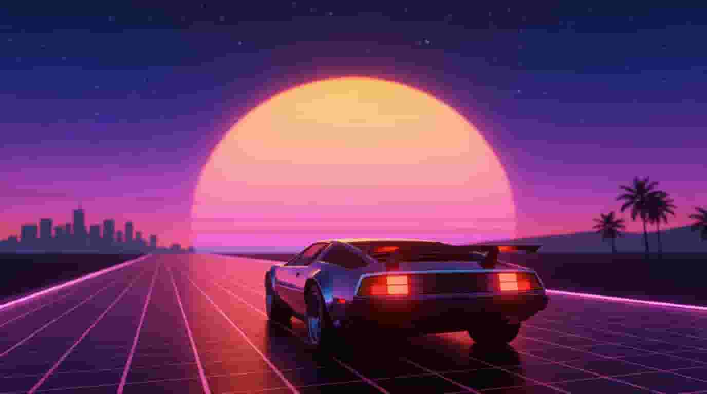 Neon ızgara otoyolda dev güneşe doğru süren synthwave spor araba, mor-pembe degrade gökyüzü, krom yansımalar, palmiye silüetleri, 80'ler outrun estetiği