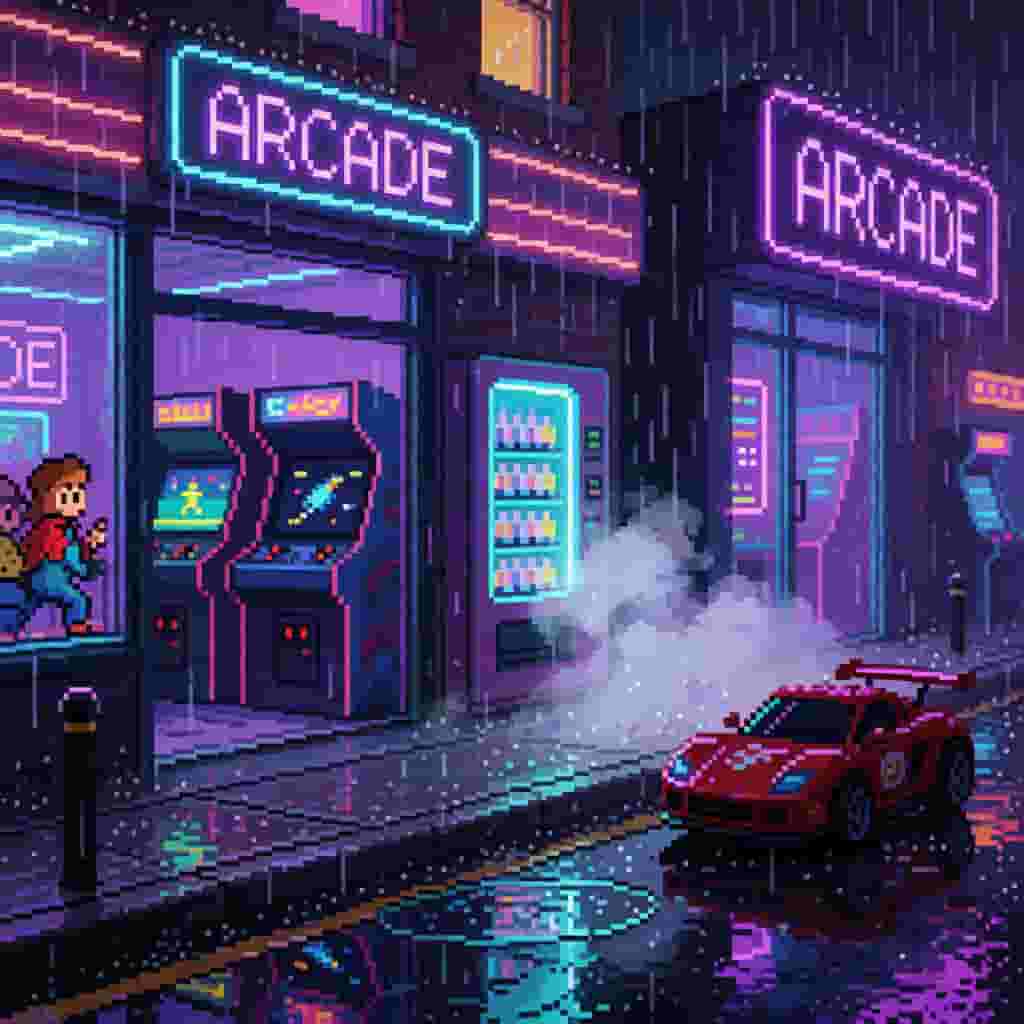 Gece retro atari sokağının ayrıntılı pixel art sahnesi, parlayan neon tabelalar, su birikintisi yansımaları, camlardan görünen atari oynayan karakterler, mor-cyan palet, 16-bit oyun estetiği