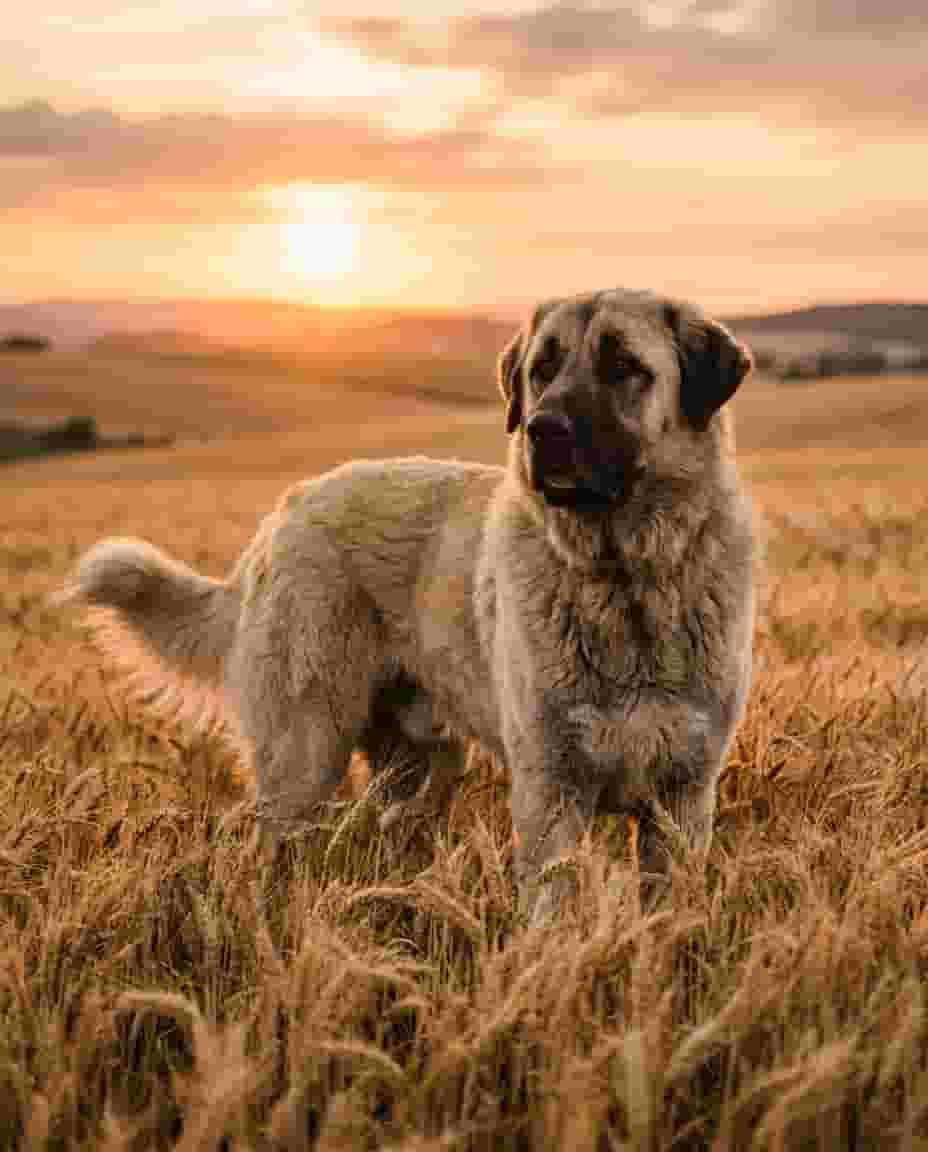 Gün batımında altın sarısı buğday tarlasında duran heybetli bir Kangal köpeğinin portresi, rüzgârda savrulan tüyler, gururlu duruş, hale etkisi yaratan sıcak arka ışık