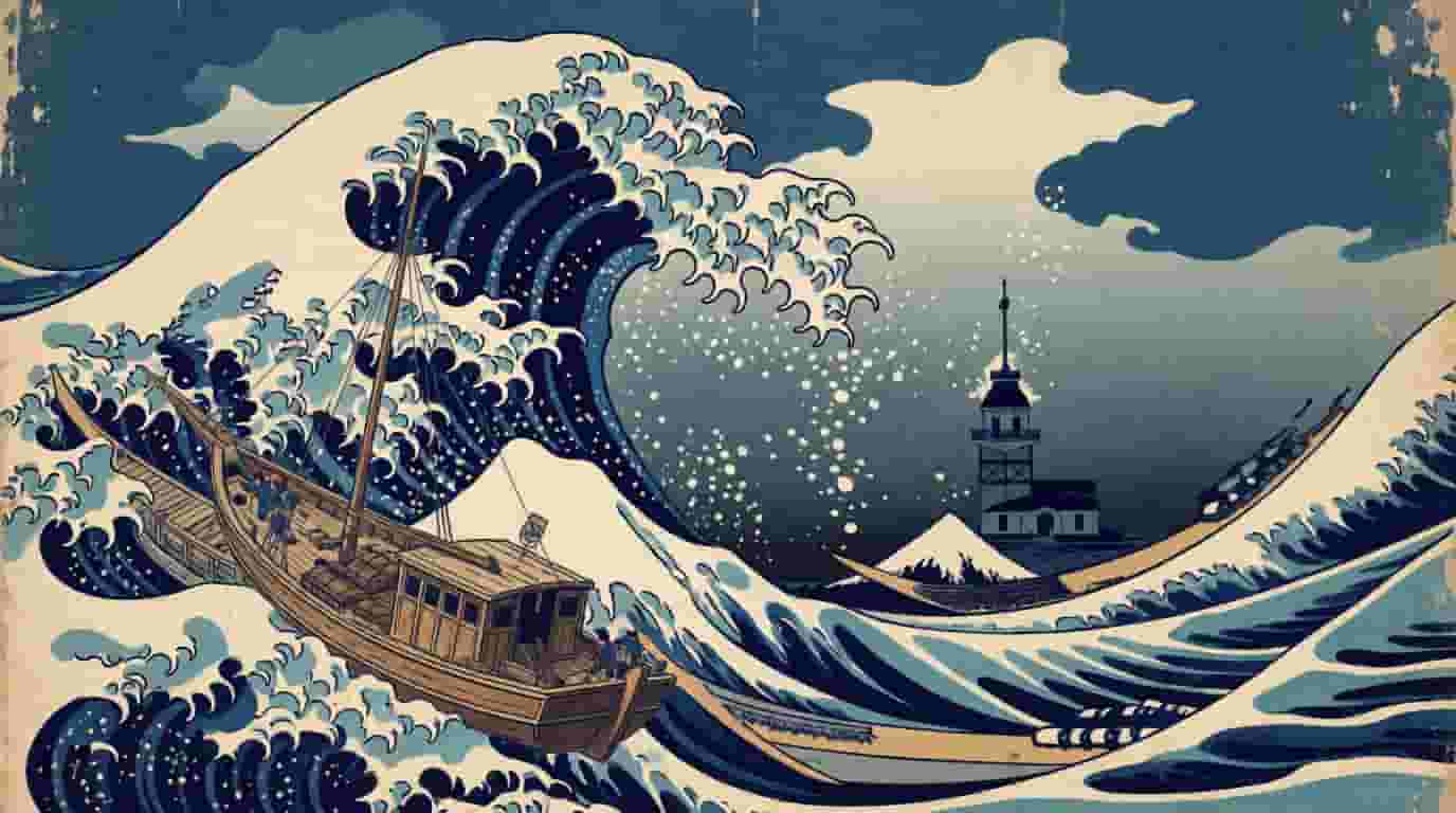 Boğaz'da dev bir dalgayı Japon ukiyo-e ahşap baskı üslubuyla resmeden eser, geleneksel ahşap gulet, arkada Kız Kulesi, çivit mavisi ve krem palet, kâğıt dokusu