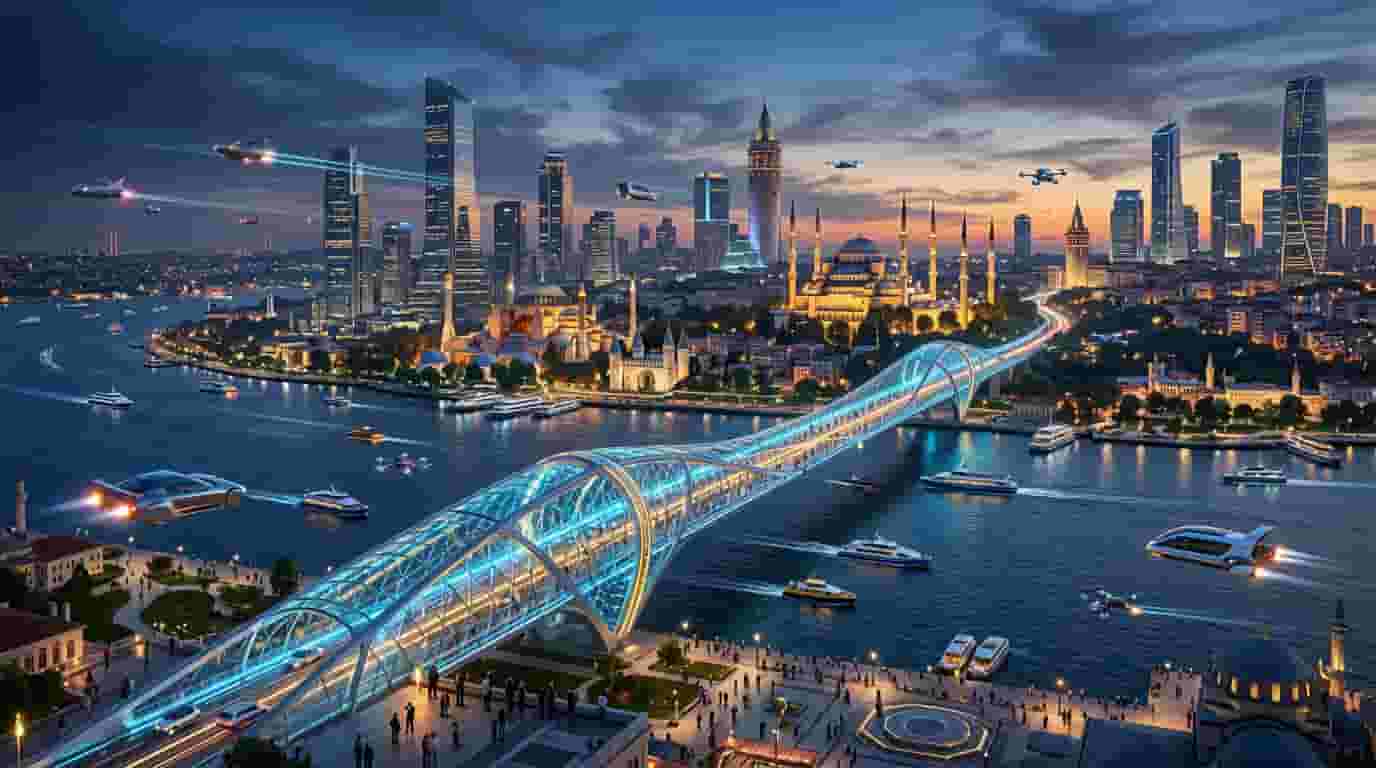 2100 yılında İstanbul, cam kulelerle restore edilmiş Osmanlı mimarisinin harmanlandığı fütüristik silüet, Boğaz üzerinde uçan araçlar, alacakaranlıkta parlayan şeffaf yeni köprü, bilim kurgu konsept sanatı