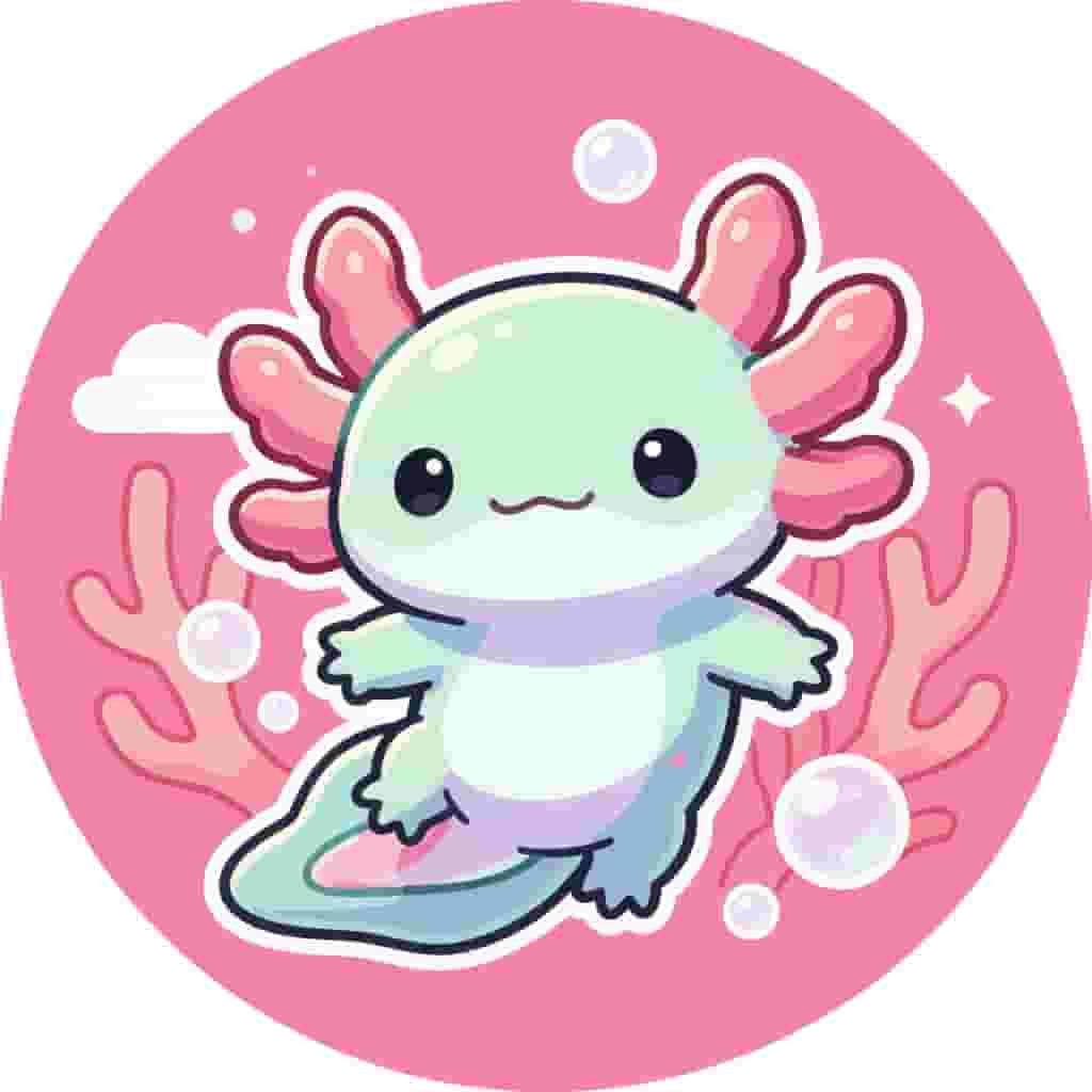 Pembe mercanlı ve baloncuklu minik akvaryumda yüzen sevimli kawaii axolotl, sticker illüstrasyonu, kalın beyaz kontur, parlak gölgeleme, neşeli pastel pembe-nane renkleri
