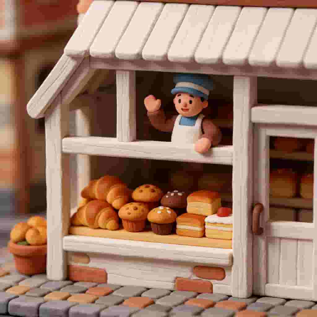 Arnavut kaldırımlı sokakta şirin bir claymation minyatür fırın, vitrinde elde yapılmış hamurdan kruvasanlar ve pastalar, el sallayan minik fırıncı, pastel renkler, stop-motion estetiği