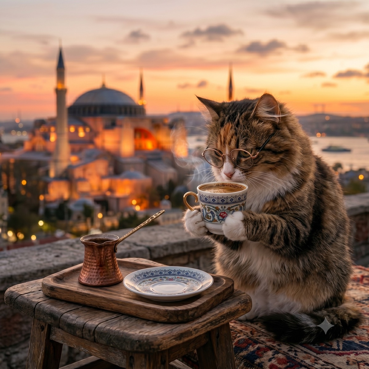 Ayasofya manzarasında ince belli bardakta Türk kahvesi içen gözlüklü tekir kedi